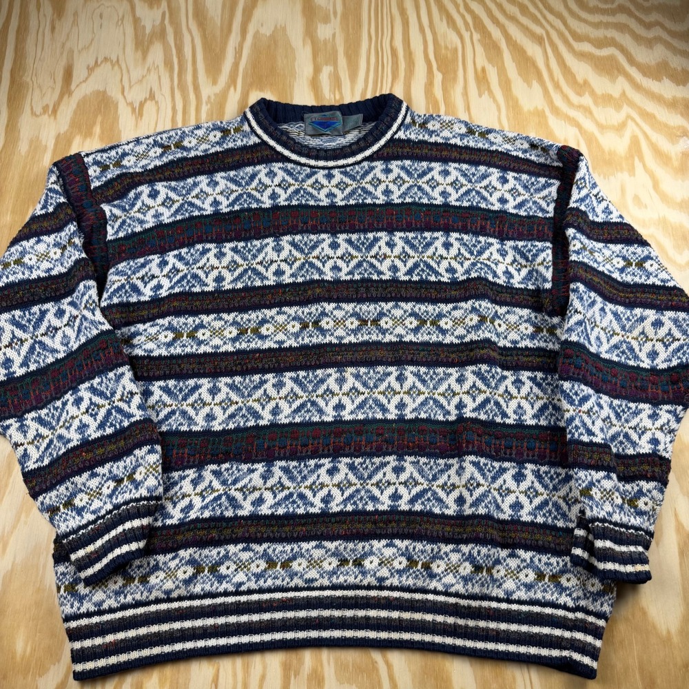 Vintage Etchings Mens Large Fair Isle Sweater Blue Multi Ramie Cotton Crewneck